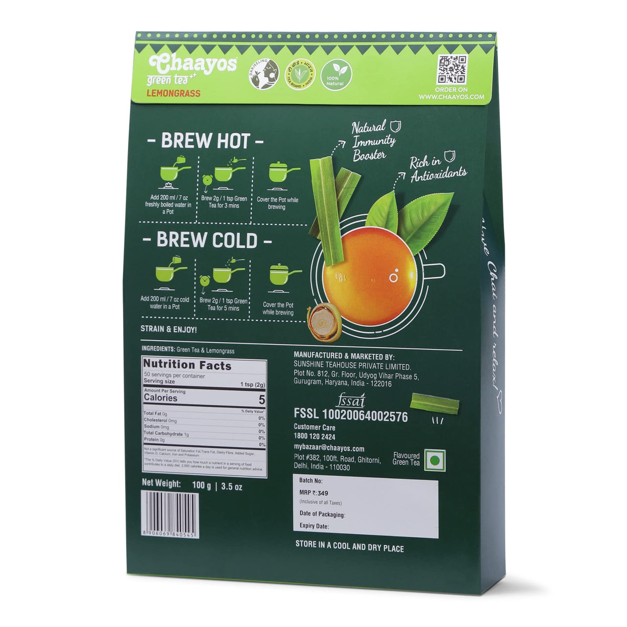 Chaayos Lemongrass Green Tea | Lemongrass Tea | Whole Leaf Loose Tea | Immunity Boosting - 100 grams [50 Cups] | Antioxidant Green Tea | Green Tea