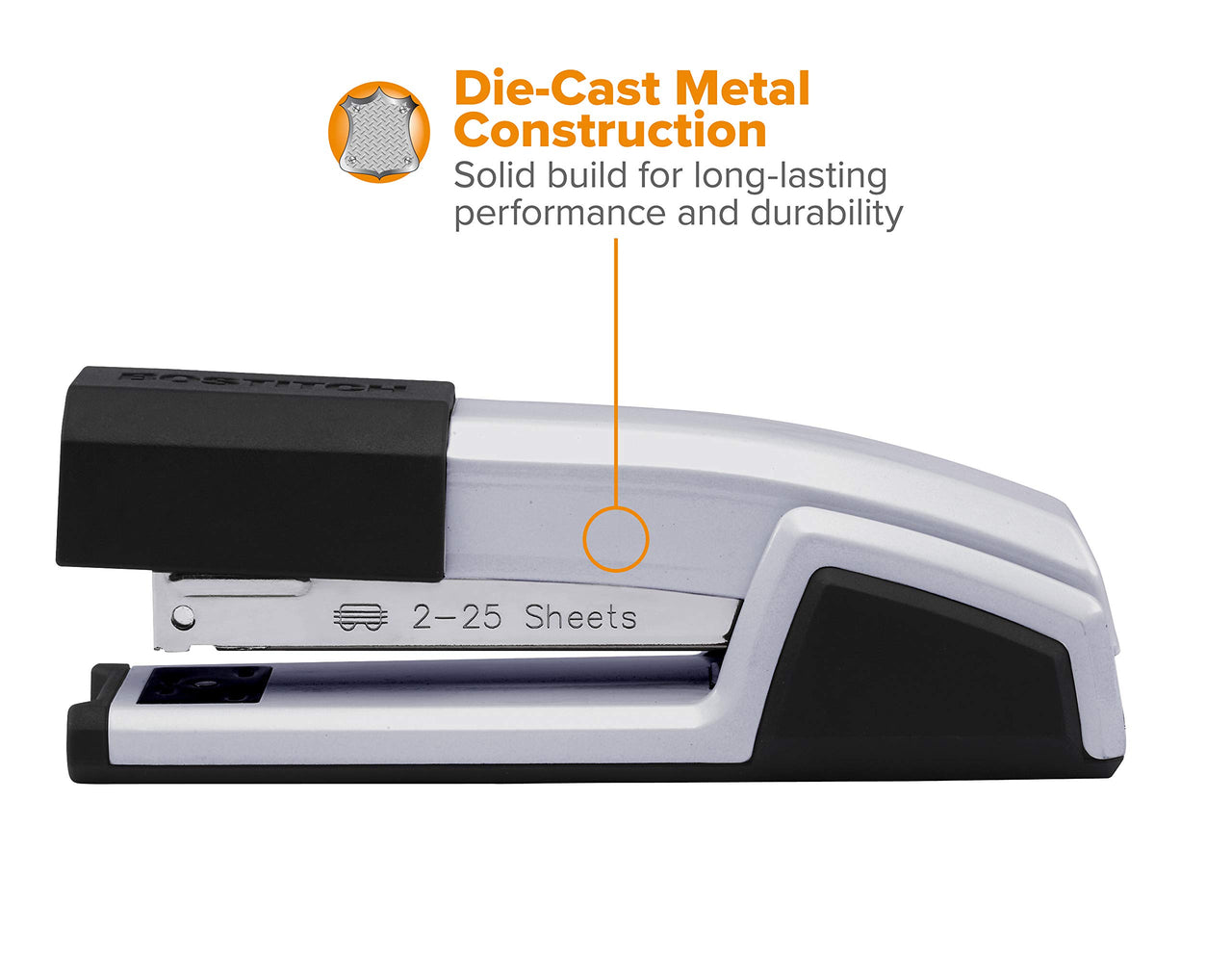 Bostitch Office Epic All Metal 3 in 1 Stapler, 25 Sheet Capacity, with Integrated Remover & Staple Storage, Silver (B777R-SLV)