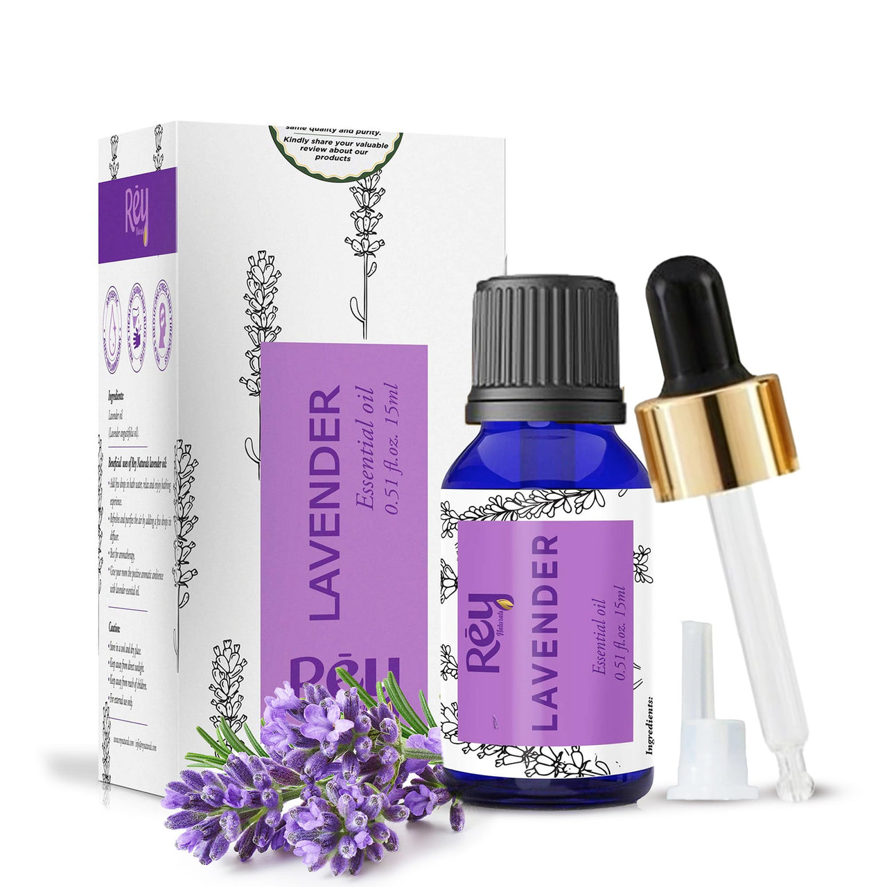 Rey Naturals Lavender Essential Oil For Skin, Hair Growth & Aromatherapy For Men & Women | Lavender Oil For Diffuser & Sleep | Pure Essential Oil For Hair fall Control - 15ml
