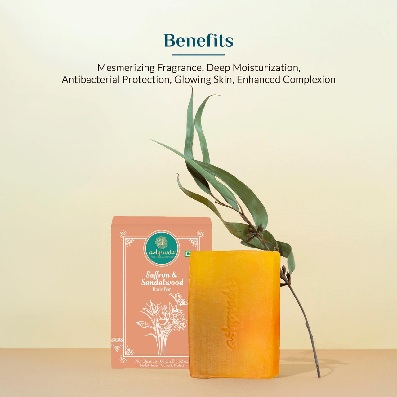 Ashpveda Sandalwood & Saffron Bathing Soap Bar | Ayurvedic Handmade Natural Scented Soap For Glowing, Smooth & Moisturizing Skin (100 gm) (Pack of 2)