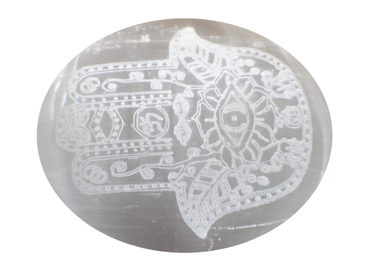 Amazing Gemstone Selenite Palm Stone - Hamsa Hand Engraved Hot Massage Worry Stone for Natural Body Chakra Balancing, Reiki Healing and Crystal Grid Selenite (Hamsa Hand Engraved)
