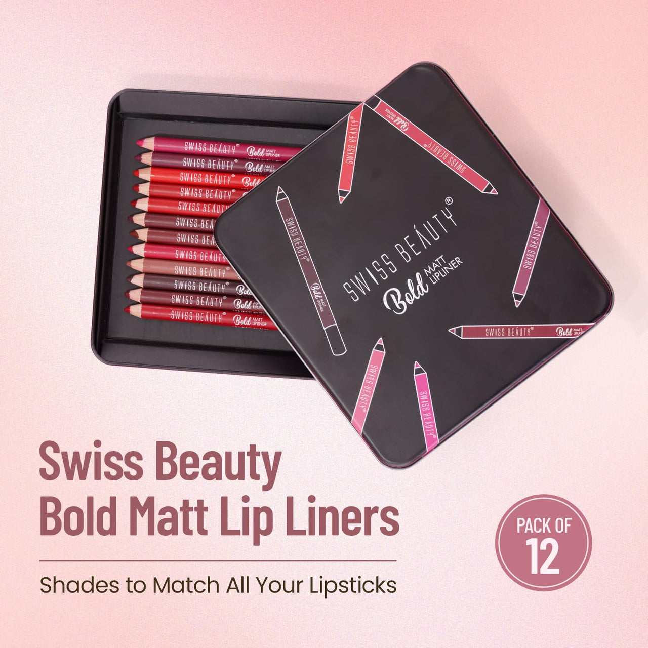 Swiss Beauty Bold Matt Lip Liner | Set of 12 | Long-lasting |Matte Finish | Non-drying, 19.2gm