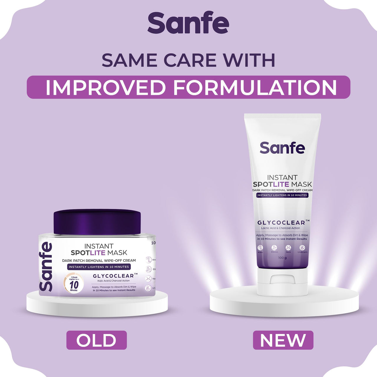 Sanfe Instant Spotlite Mask For Dark Underrams, Neck & Body| Dark Patch Removal Wipe-Off Cream in 10 Minutes | For Detanning, Anti Aging & Skin Tightening | Glycolic & Kojic acid with Charcoal 100g