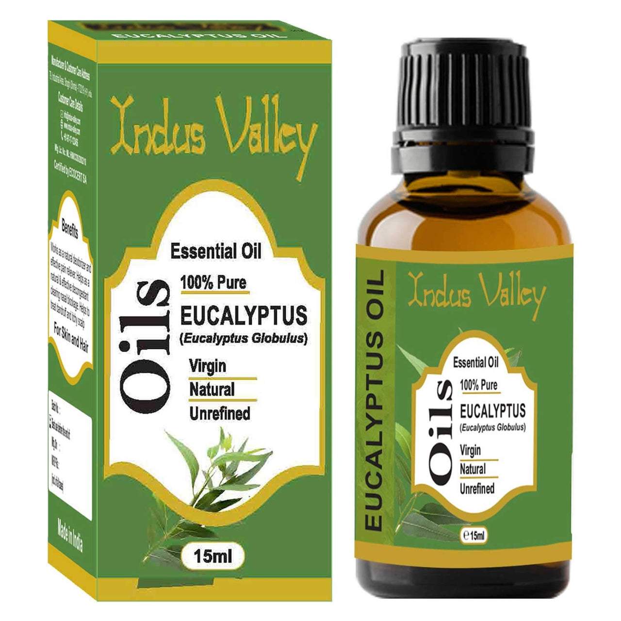Indus Valley 100% Pure Natural & Organic, Undiluted Eucalyptus Essential Oil with Glass Dropper for Skin, Hair Care -15ml