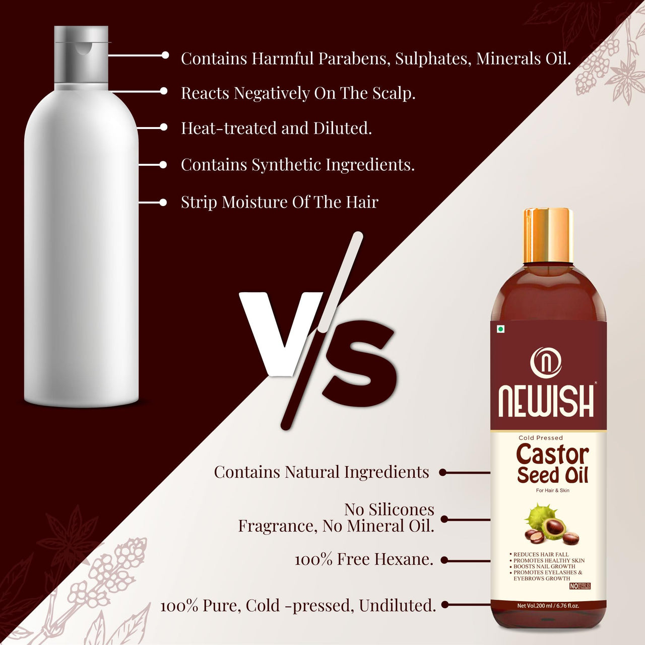 Newish Cold Pressed Castor Oil for Hair Growth, Skin & Eyebrows |Pure & Organic Arandi Oil |Promotes Thicker, Longer Hair & Repairs Cracked Heels - 200ml