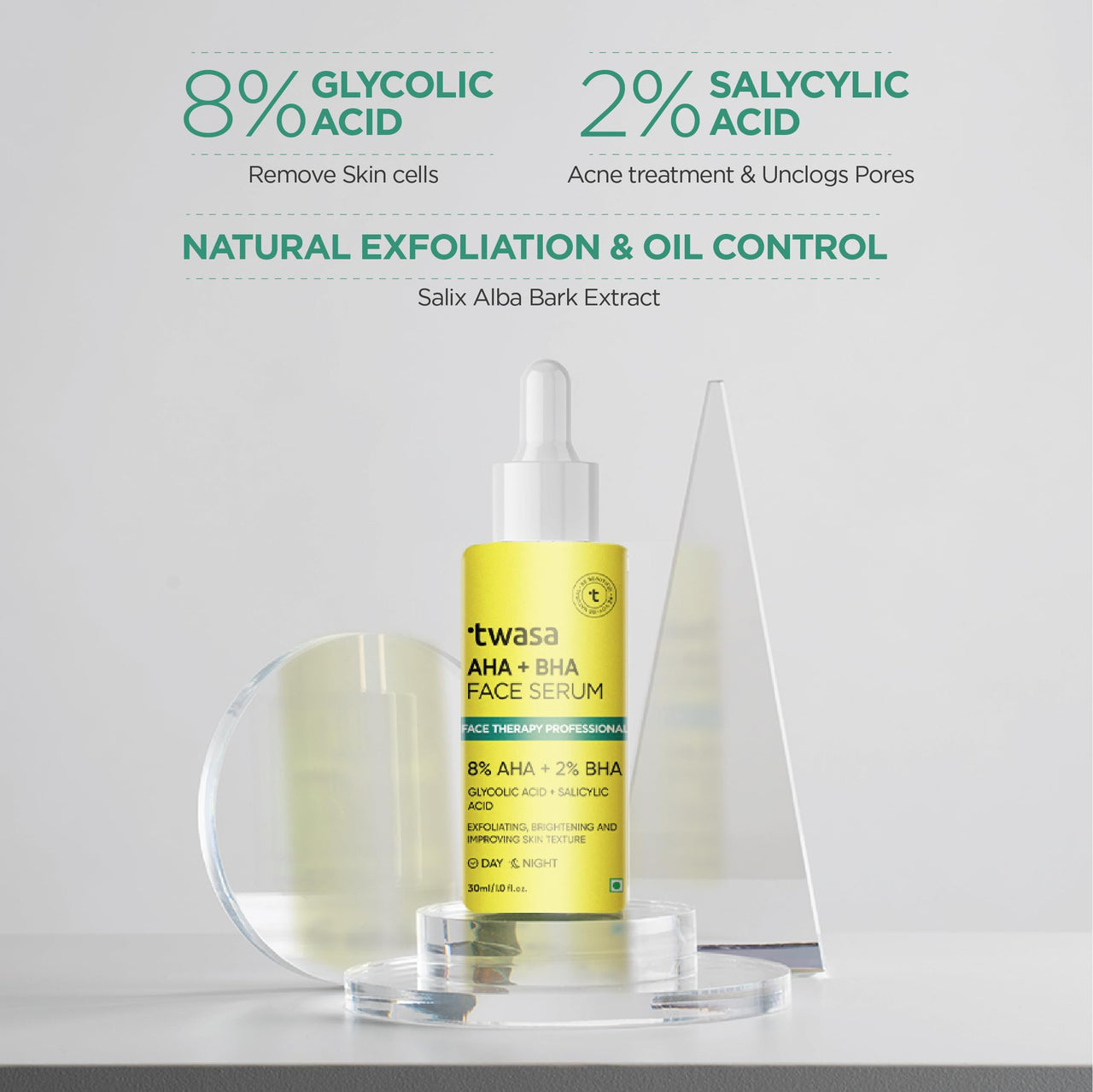 Twasa 8% AHA + 2% BHA Exfoliating Face Serum For Reduces Excess Oil, Fights Acne | Skin Renewal, Improved Skin Texture, Brightening & Even Skin Tone, Men & Women | 30ml