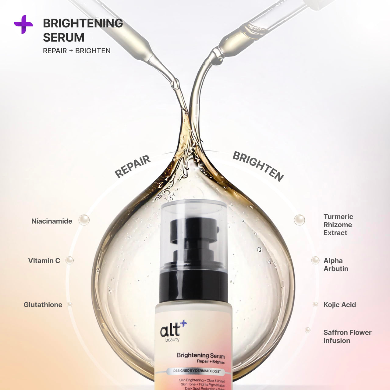 altBeauty Brightening Serum with Vitamin C, Kojic Acid, Glutathione, Alpha Arbutin | Reduces Dark Spots, Tanning and Dullness | Fights Pigmentation, Provides Clear & Uniform Skin Tone | Derma Grade