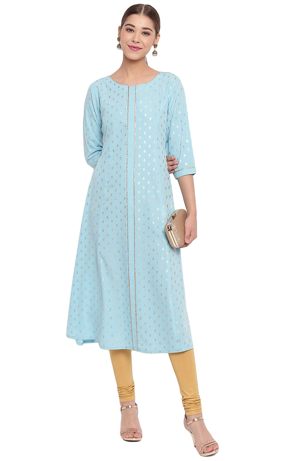 Janasya Women's  Turquoise A-Line Poly Crepe Kurta