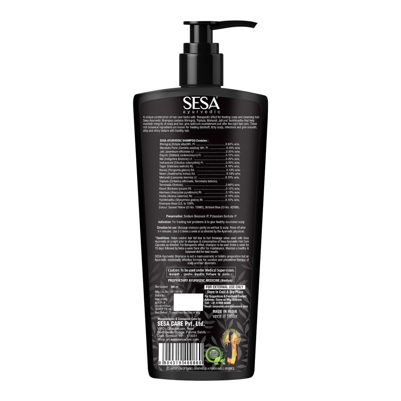 Sesa Ayurvedic Medicinal Shampoo Hairfall Control Anti Dandruff Shampoo Infused with 15 Ayurvedic Herbs Smooth & Shiny Hair For Men & Women (500 ml)