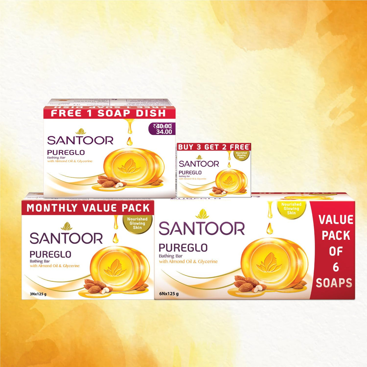 Santoor PureGlo Glycerine Soap with Almond Oil and Glycerine, 125g (Pack of 6) for Nourished Glowing Skin