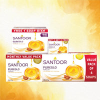 Santoor PureGlo Glycerine Soap with Almond Oil and Glycerine, 125g (Pack of 6) for Nourished Glowing Skin