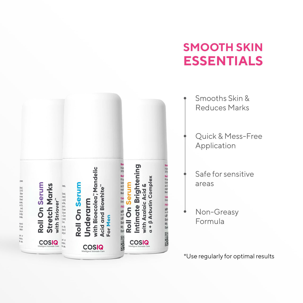 COS-IQ Roll-On Serum Set, Stretch Marks Removal, Underarm Care for Men, Intimate Brightening Serum (40ml Each, Pack of 3)