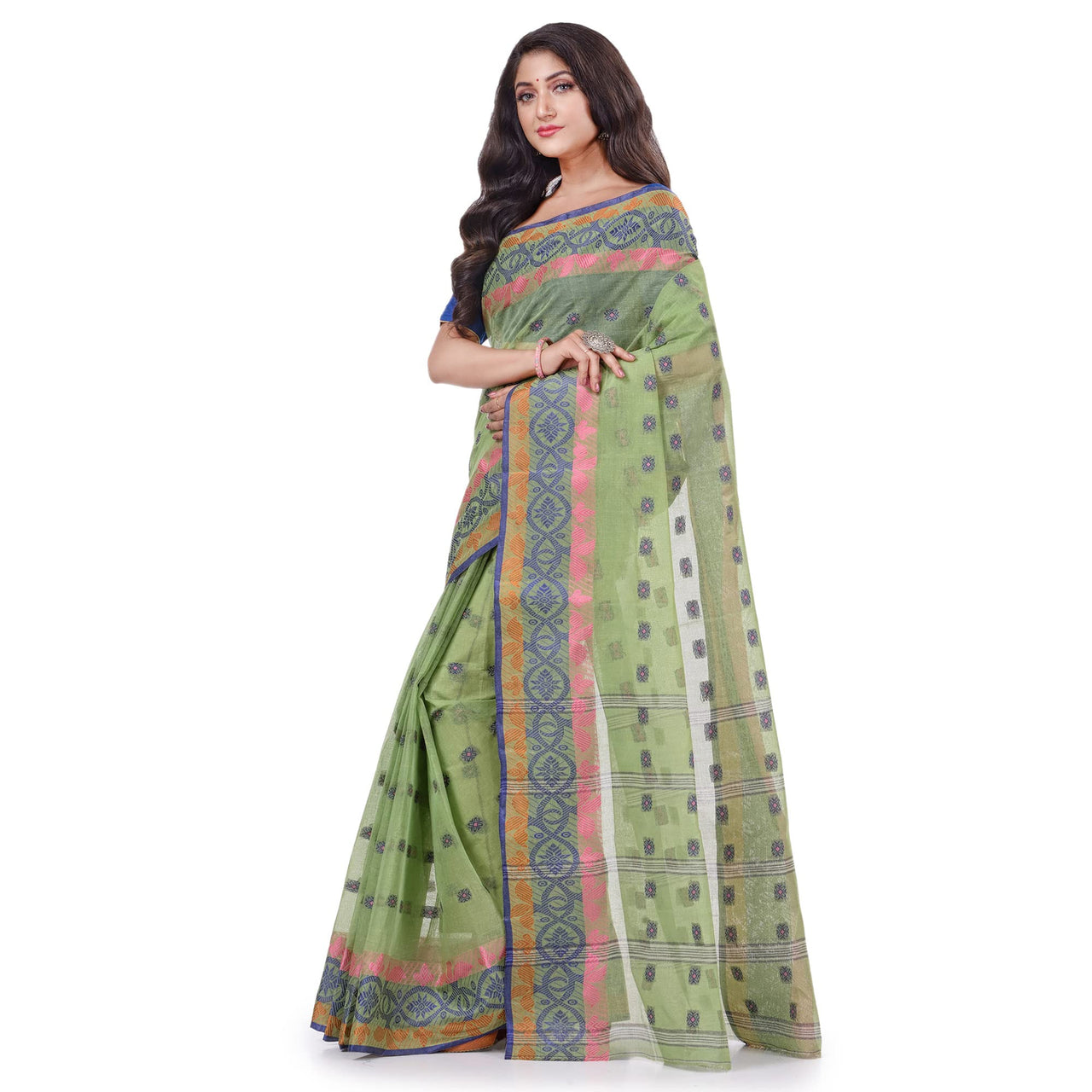 dB DESH BIDESH Women`s Traditional Bengal Tant Tri Leaf Woven Design Pure Handloom Cotton Saree Without Blouse Piece