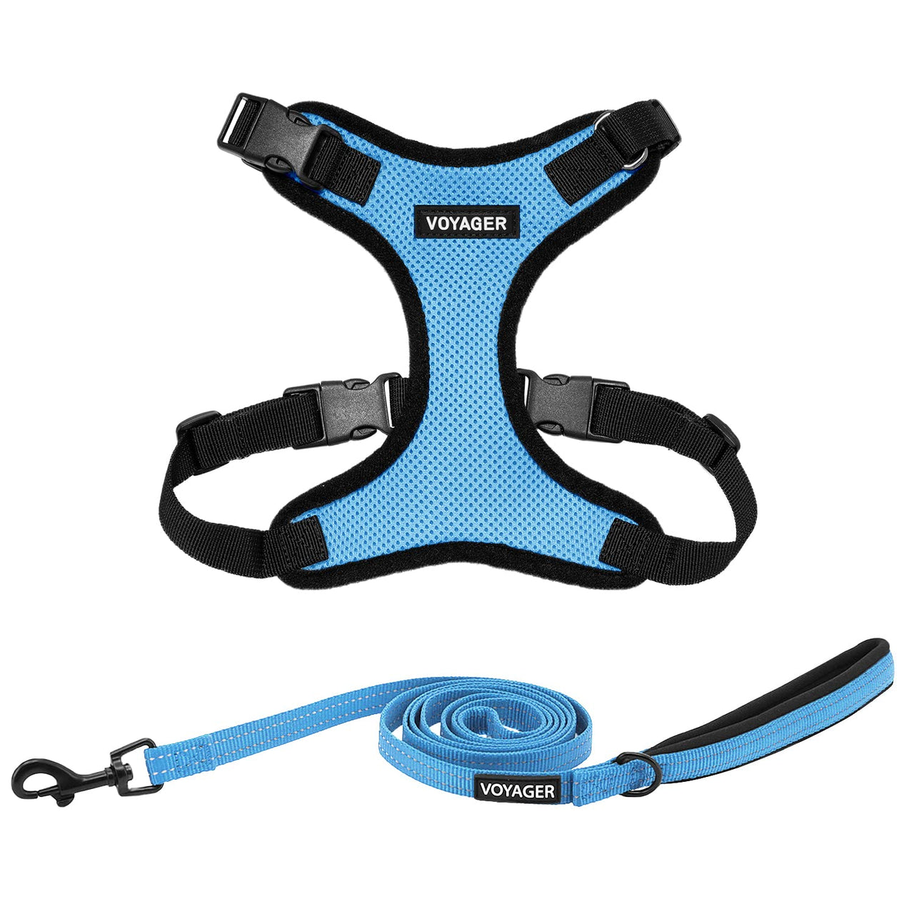 Voyager Step-in Lock Dog Harness w Reflective Dog Leash Combo Set with Neoprene Handle 5ft - Supports Small, Medium and Large Breed Puppies/Cats by Best Pet Supplies - Baby Blue/Black Trim, S Harness Leash Set (Baby Blue/Black Trim) S (Chest: 15 - 18")