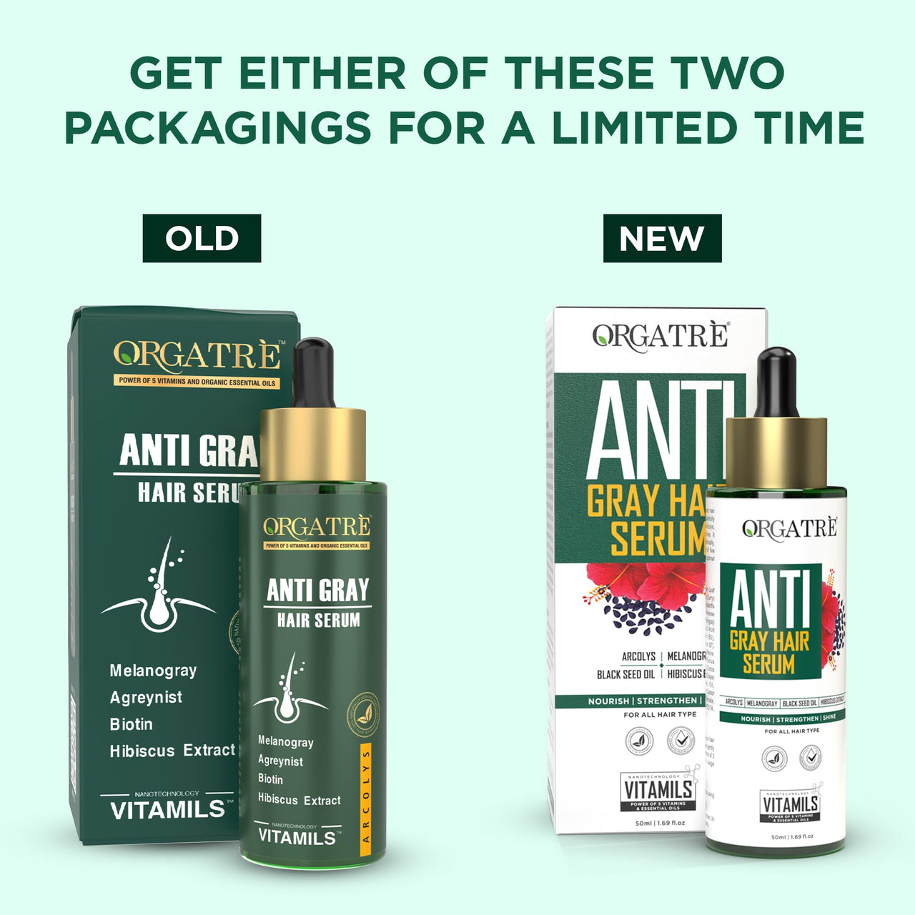 Orgatre Anti-Gray Hair Serum With Arcolys, Melanogray, Black Seed Oil & Hibiscus Extract | Light-Weight, Non-Sticky 50ml