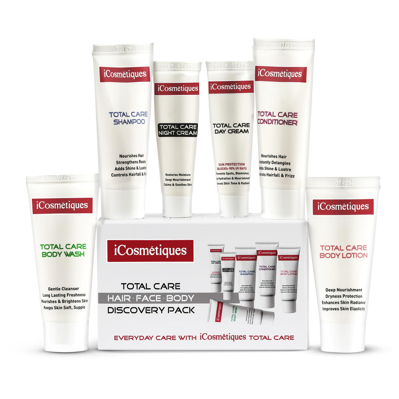 iCosmetiques Total Care Discovery Pack | Sulphate free | Silicone free | Paraben free | Pthalate free | Cruelty free | Mineral Oil free | No added colors | Vegan | Mini Pocket Friendly | Pack of 6