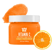 WildOak Vitamin C Sugar Body Scrub | 300g | Kojic Acid, Hyaluronic Acid, Ceramides, Collagen & Peptides | De-Tan & Brightens Dark Areas | Smooths Strawberry Legs & Arms | Hydrates & Exfoliates