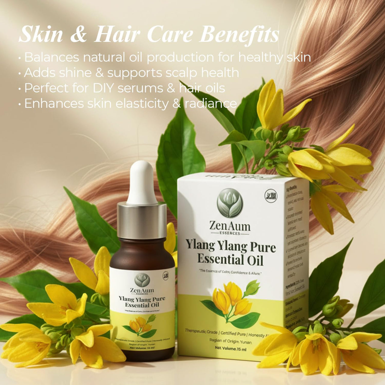Zenaum Essences 100% Natural Ylang Ylang Therapeutic Grade Essential Oil | 15ml | Stress Relief, Skin & Hair Care, Aromatherapy | Sourced from Yunnan | GMP, ISO & IFRA Certified