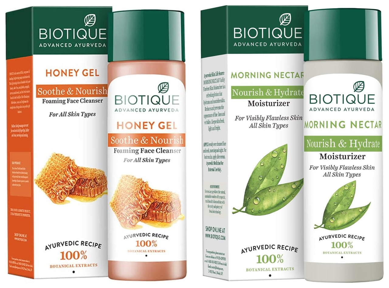 Biotique Bio Honey Gel Refreshing Foaming Face Cleanser, 120ml & Biotique Bio Morning Nectar Visibly Flawless Skin Moisturizer, 120ml