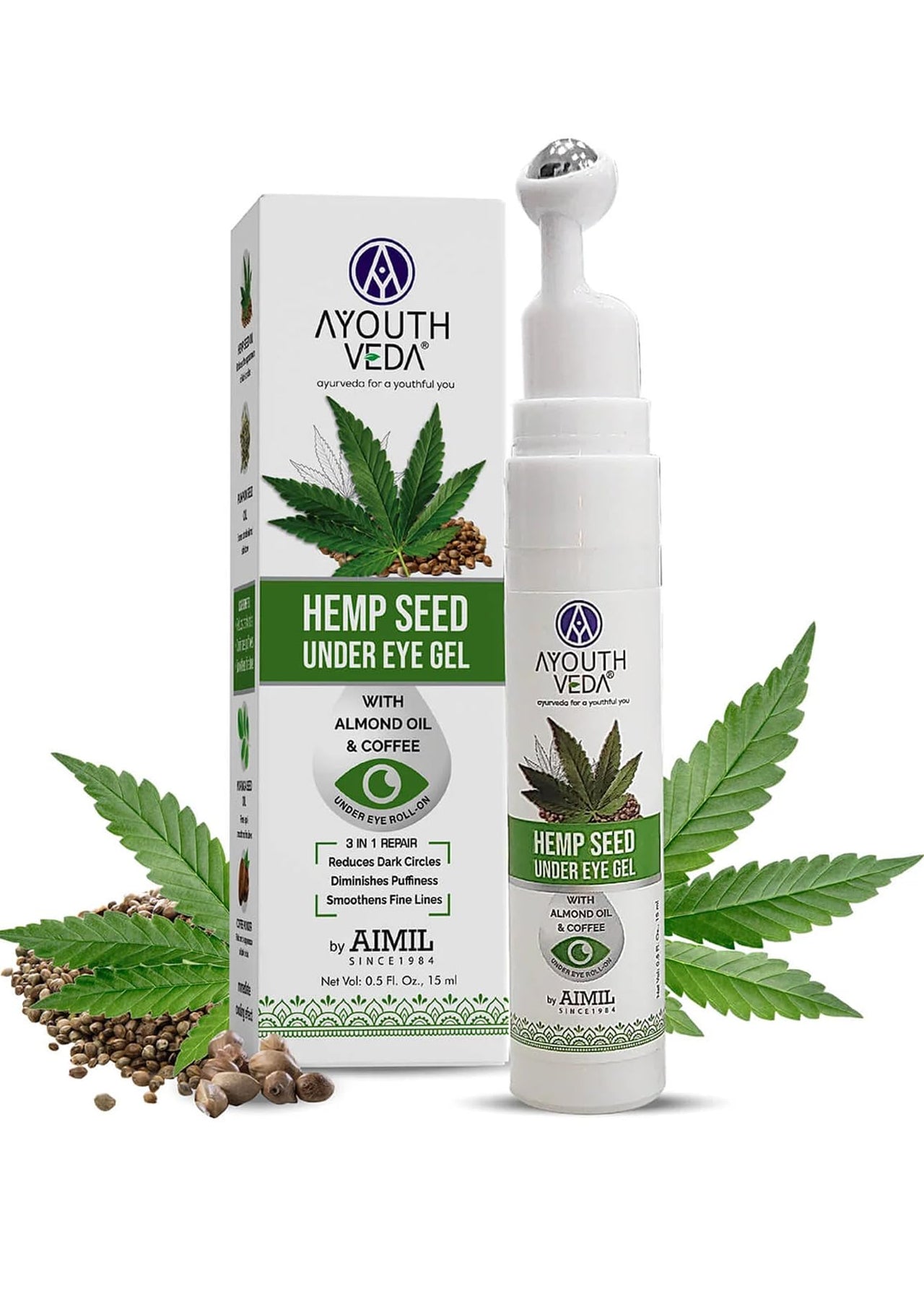 Ayouthveda Hemp Seed Under Eye Gel with Cooling Massage Roller|For Puffy Eyes, Dark Circles, Wrinkles & Fine Lines|With Hemp Seed Oil, Almond oil & Coffee| (Pack of 1;15ml)