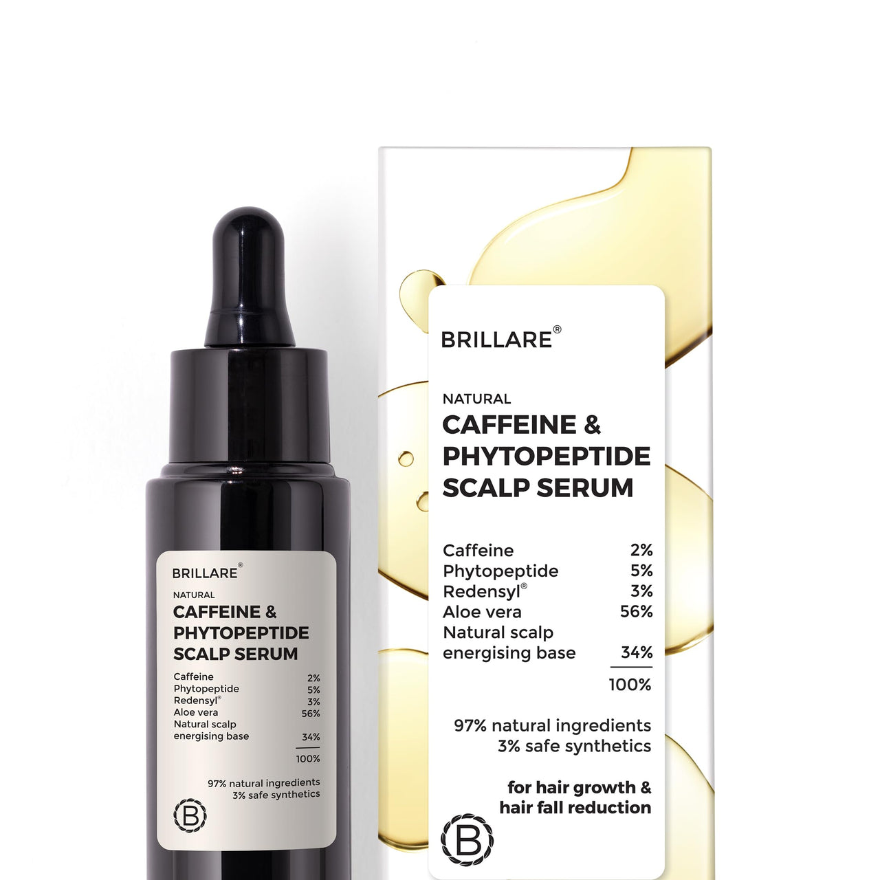 Brillare Caffeine & Phytopeptide Scalp Serum - 3% Redensyl, 2% Caffeine, 5% Phytopeptide, Hair Growth Serum for Men & Women, with Natural Ingredients, Controls Hair Fall, Stimulates Hair Growth, 30 ML