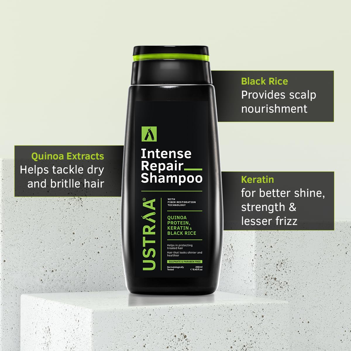 Ustraa Intense Repair Shampoo - 250 ml - Set of 2 | Fiber Restoration Technology | Helps Protect & Restore Hair Bonds | with Black Rice, Quinoa Extracts & Keratin | No SLS, No Paraben