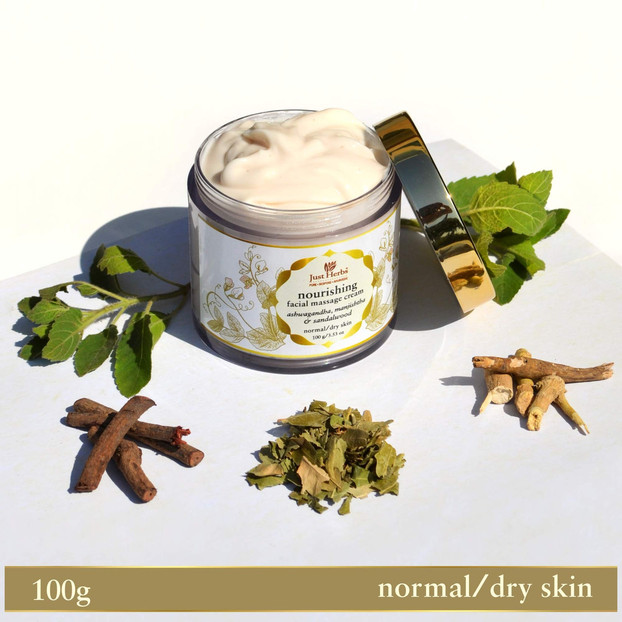 Just Herbs Ayurvedic Herbal Nourishing Face Moisturizing Massage Cream with Ashwagandha & Neem for Men & Women | Face Cream for Winters Dull & Dry Skin- 100 gm