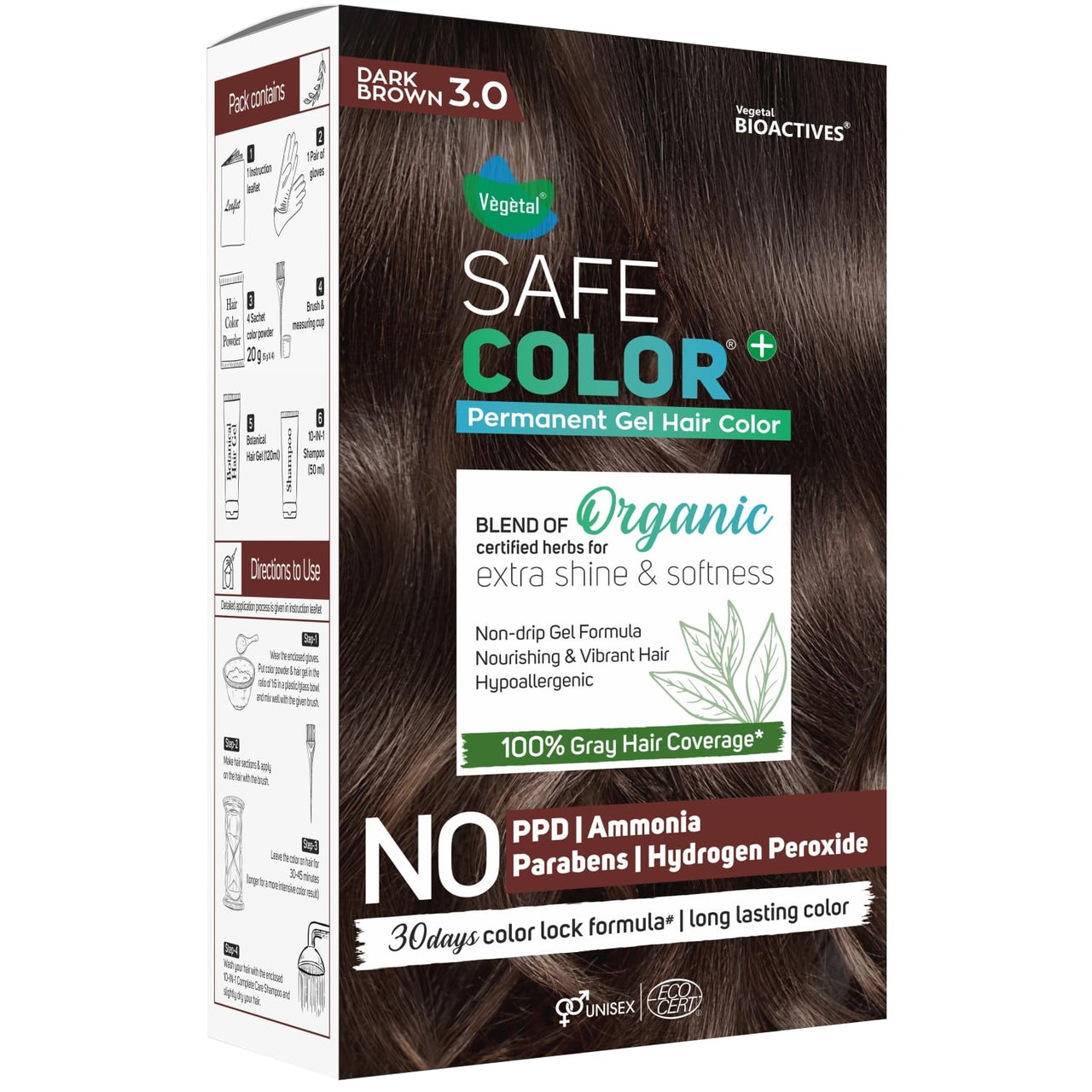Vegetal Safe Color Dark Brown 3.0, 70ml. I Permanent Gel Hair Colour, Organic Herbs Blend, Chemical-Free, 100% Grey Coverage