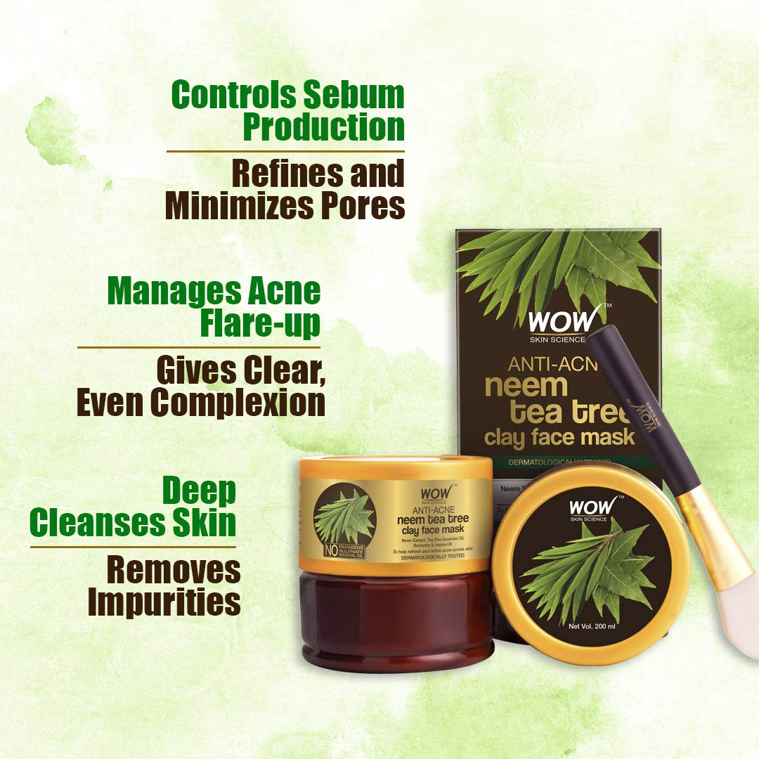 WOW Skin Science Anti-Acne Neem & Tea Tree Clay Face Mask for Refreshing & Refining Acne Prone Skin - For All Skin Types - No Parabens, Sulphate & Mineral Oil, 200 ml