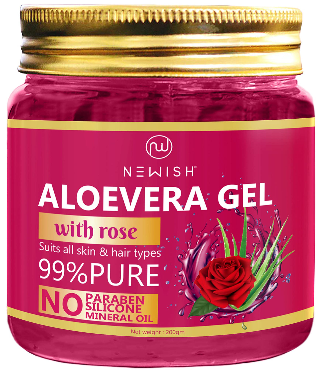 Newish 99% Pure Aloe Vera Gel with Rose for Face & Skin Care - 200 GM