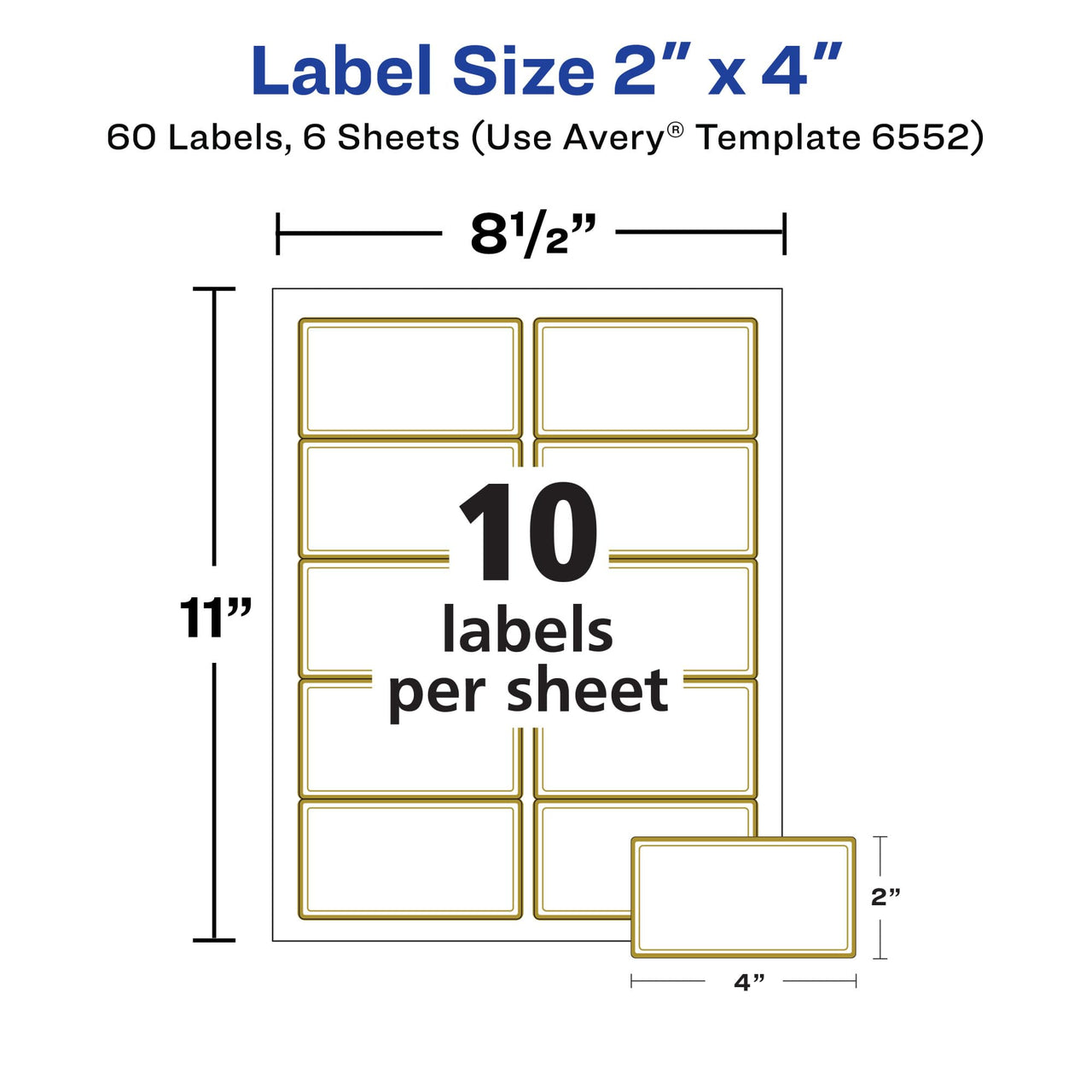 Avery Glossy Clear Labels with Metallic Gold Label Borders, 2" x 4" Rectangle Labels, 60 Total, Laser/Inkjet Printable Labels (6552) 2" x 4" 60 labels Glossy Clear Gold Borders
