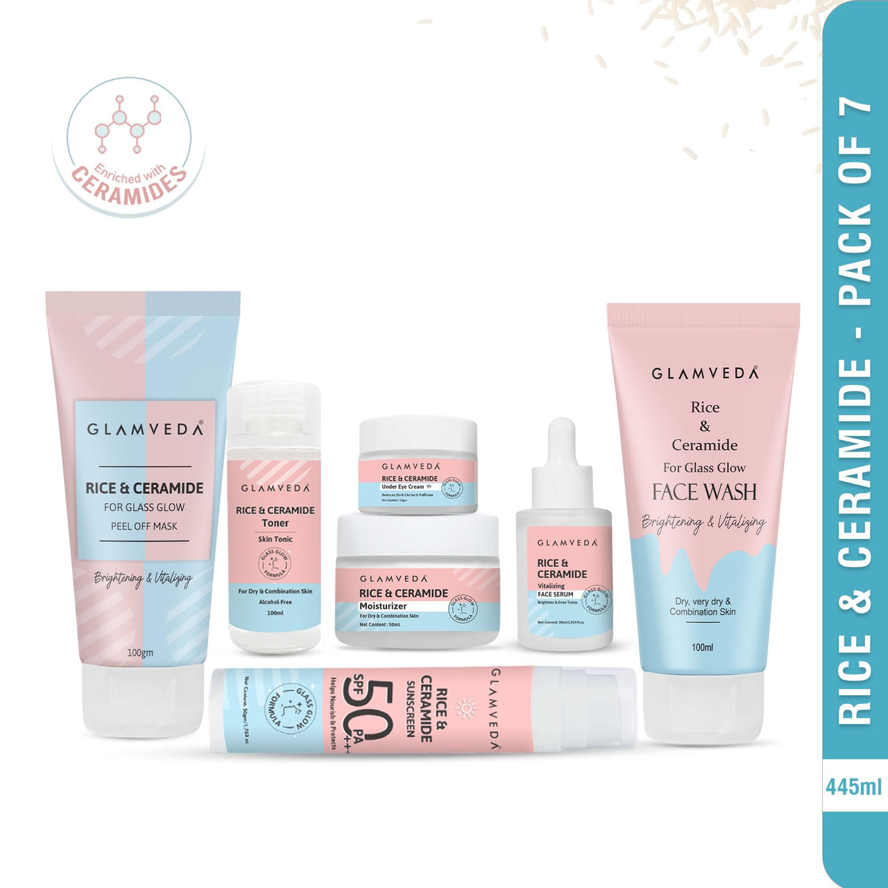 Glamveda Korean Rice & Ceramide 7 Step Weekly Skincare Routine For Women with Gift Box | Face wash, Peel Off Mask, Toner, Serum, Under eye cream, Moisturizer & Sunscreen