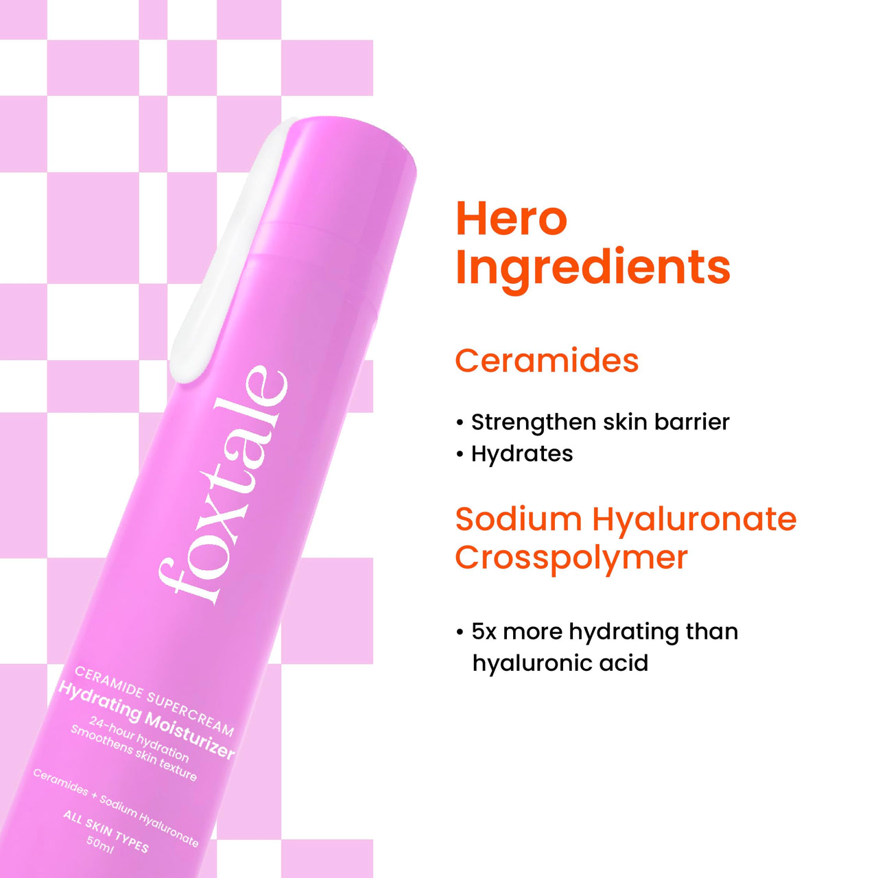 Foxtale 5x Hydrating Ceramide Moisturizer for Face | Micro Hyaluronic Acid & 3 Ceramides | Lightweight | Fast Absorbing | Repairs Skin Barrier and Texture | Men & Women - 50ml