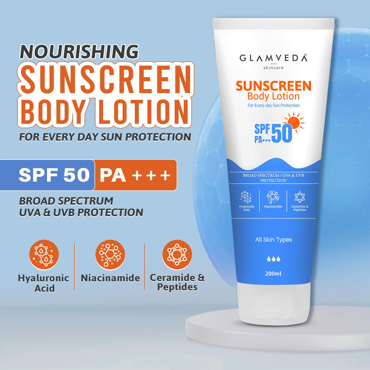 Glamveda Sunscreen Body Lotion SPF 50 PA++++ 200 ml | Broad Spectrum| No White Cast | Hydrating, Anti-Aging, Niacinamide for Brightening | Long-Lasting Moisturization For Men and Women