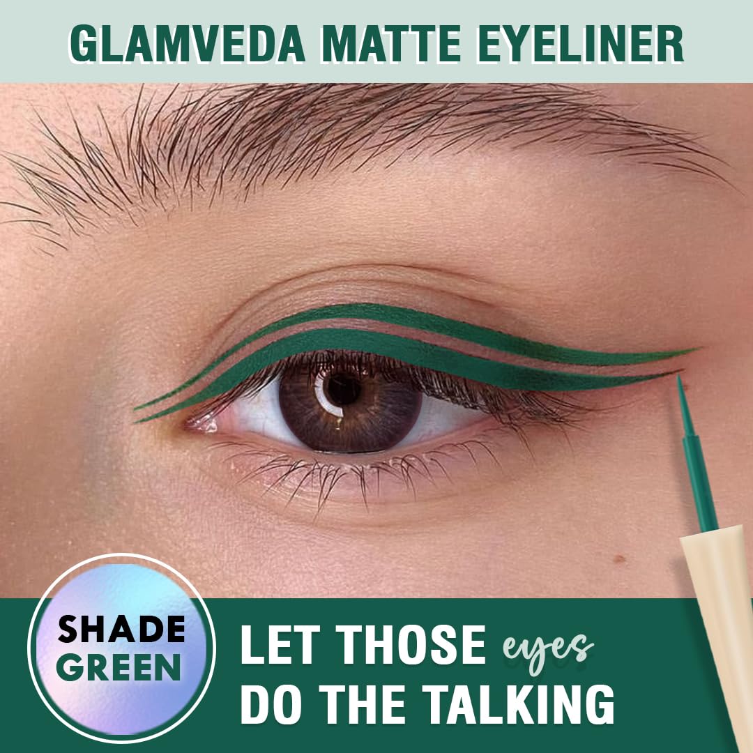 Glamveda Super Matte Liquid Eyeliner – Green, Smudge-Proof, Waterproof, Quick Drying | 24-Hour Long Stay | Smooth Application | Bold, Clean, Smudge-Free Look