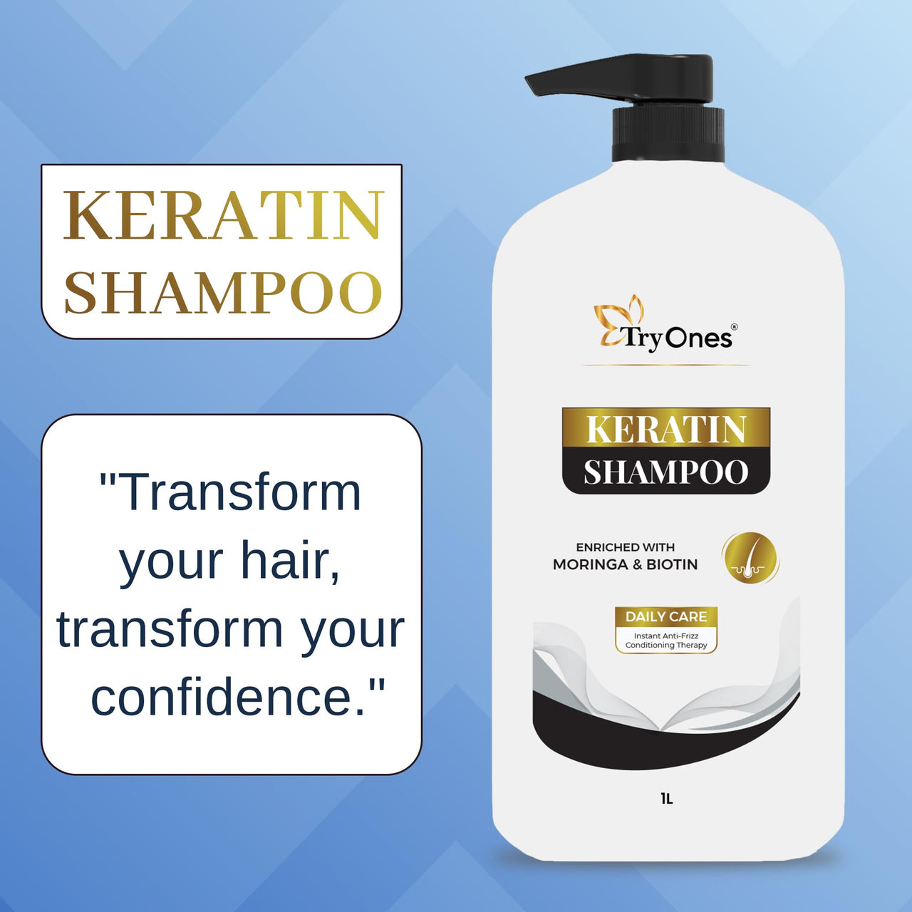 TryOnes Keratin Shampoo, for Straighter, Shinier Hair, with Keratin Nourishes Dry Hair, Controls Frizz, for Men & Women 1000 ml
