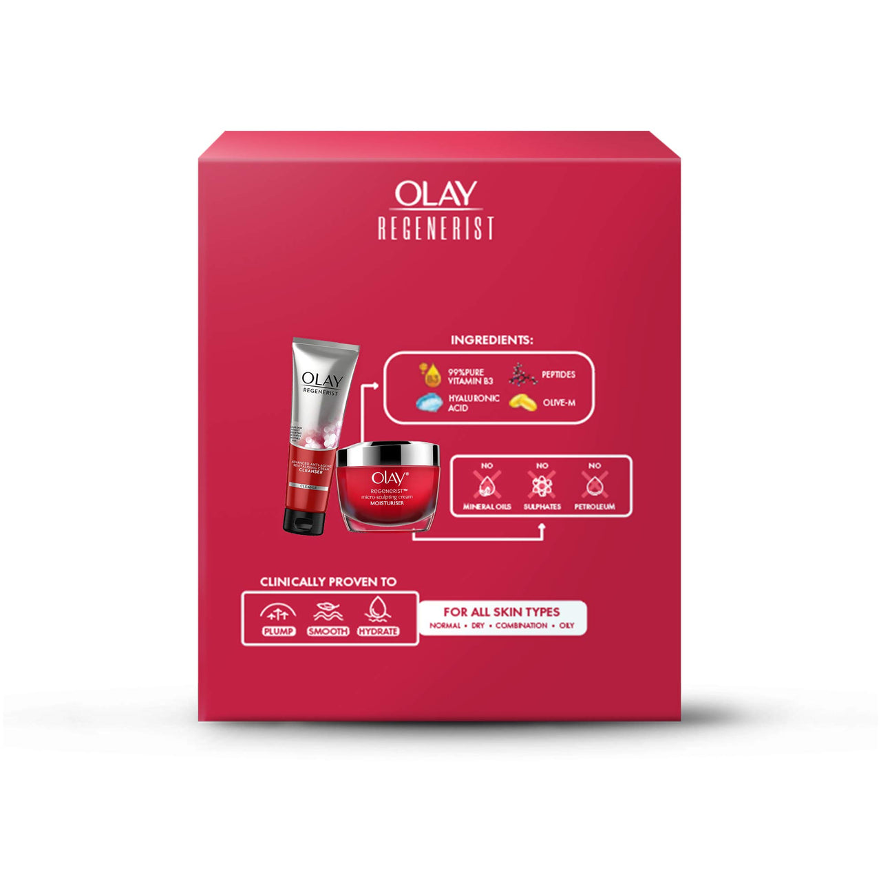 Olay Regenerist Giftpack - Day Cream 50g + Cleanser 100g | Hydrated, Plump, Bouncy Skin | With Hyaluronic Acid, Niacinamide and Peptides | Normal, Oily, Dry, Combination Skin | Pack of 2