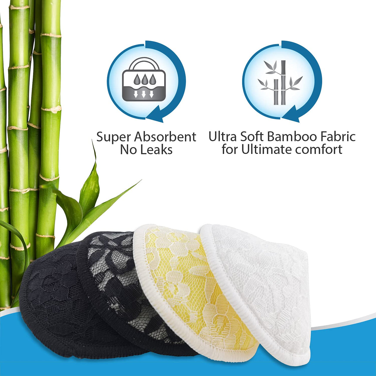 LuvLap Natural Bamboo Washable Nursing Breast Pads for Breast feeding mothers, Beautiful Lace Style, Contoured Shape for snug fit, Nipple Pad, Includes Laundry Bag, Super absorption, 10Pc