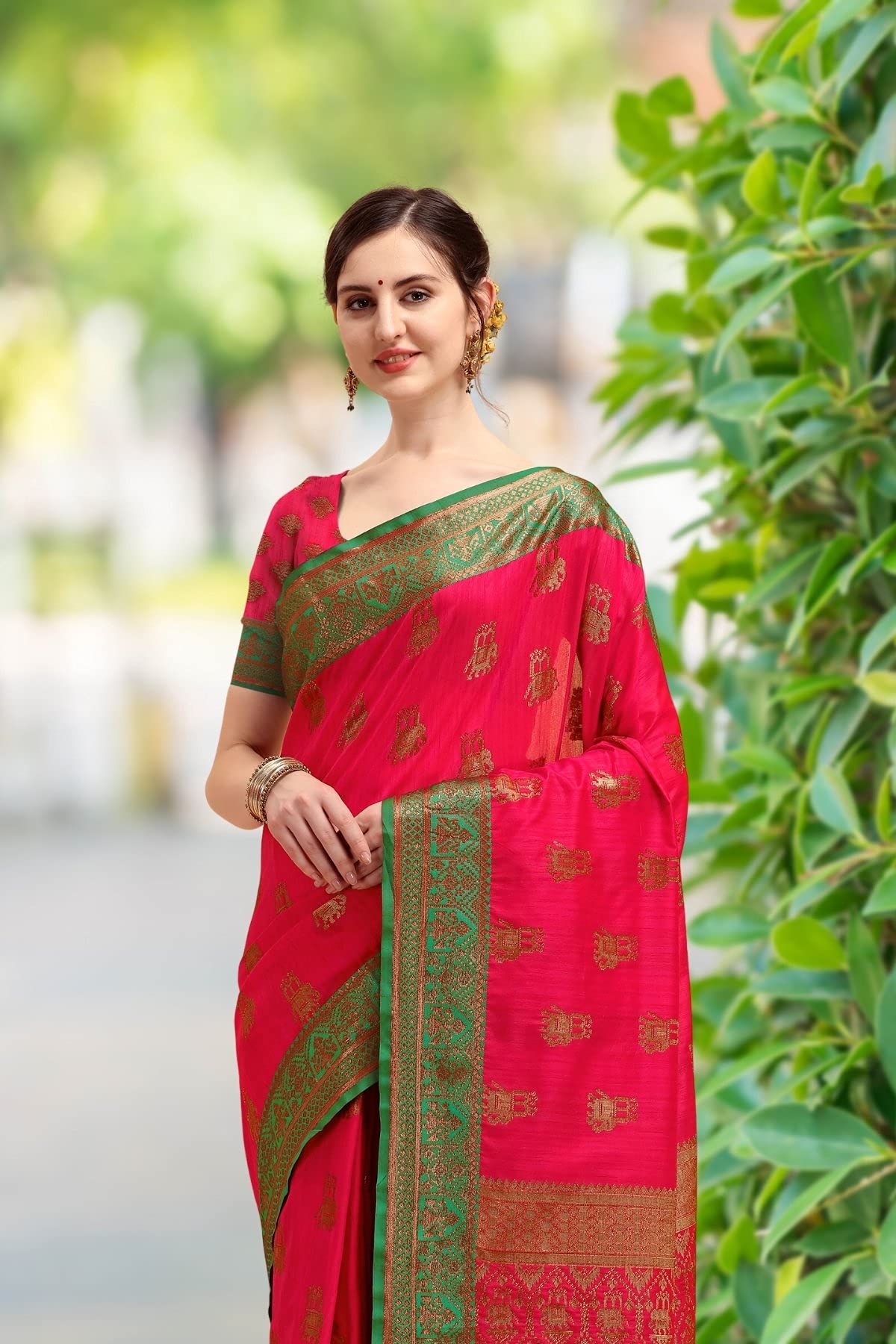 NK Textiles Women's  Elephant Motifs Woven Kanjivaram Ghicha Tussar Silk Saree with Fancy Tassels