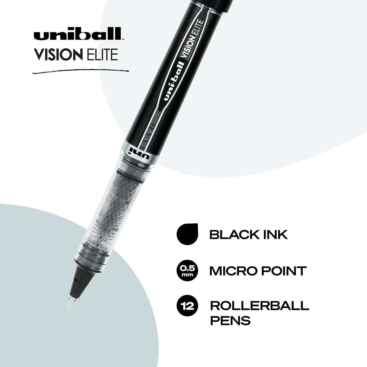 Uniball Vision Elite Rollerball Pens, Black Pens Pack of 12, Micro Pens with 0.5mm Ink, Ink Black Pen, Pens Fine Point Smooth Writing Pens, Bulk Pens, and Office Supplies