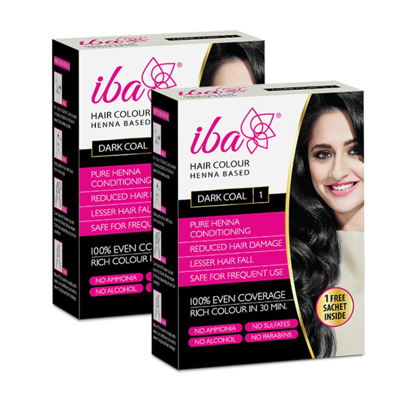 Iba Hair Colour for Women - Dark Coal, 70g (Pack of 2) | 100% Pure Henna Based Powder Sachet | Natural Hair Colour & Long Lasting with Conditioning Formula | Reduced Hair Fall & Hair Damage | Shine & Nourish Hair | Free from Ammonia and Other Harmful Chem