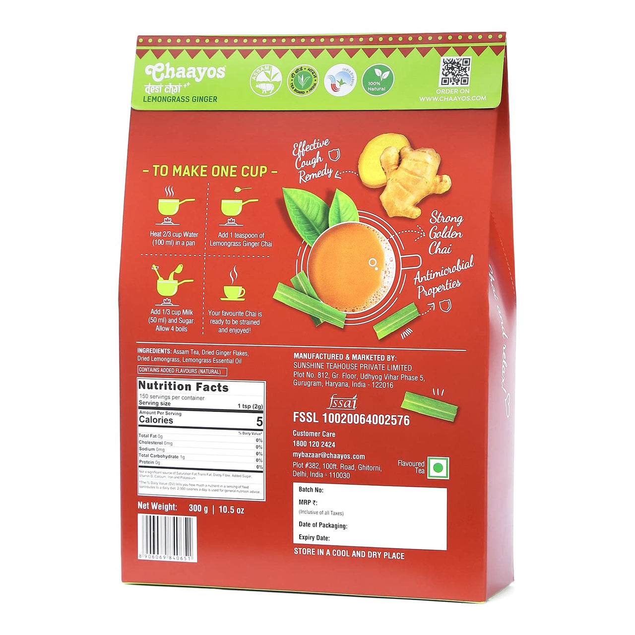 Chaayos Lemongrass Ginger Tea - Premium Chai Patti for Cough & Cold Remedy (300g)