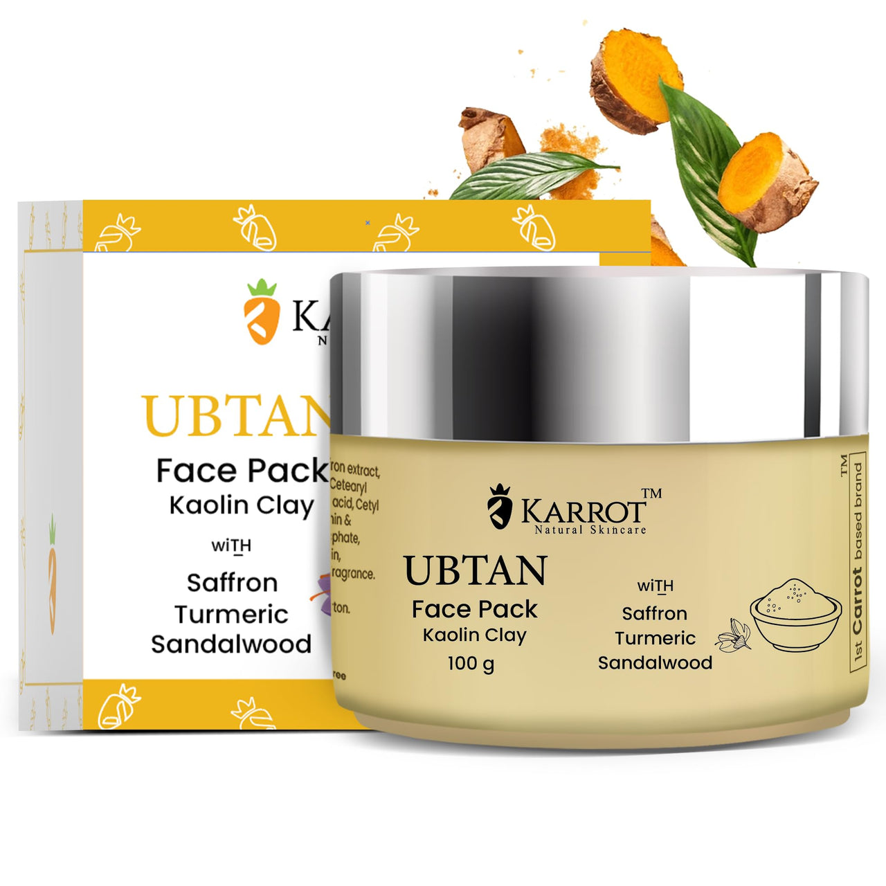 Karrot Natural Skincare Ubtan Face Pack, Enhances Glow and Brightness, Increases Softness and Removes Tan, Made with Kastoori Haldi, Sandalwood, Rosewater, For Women and Men, All Skin Types, 100gms