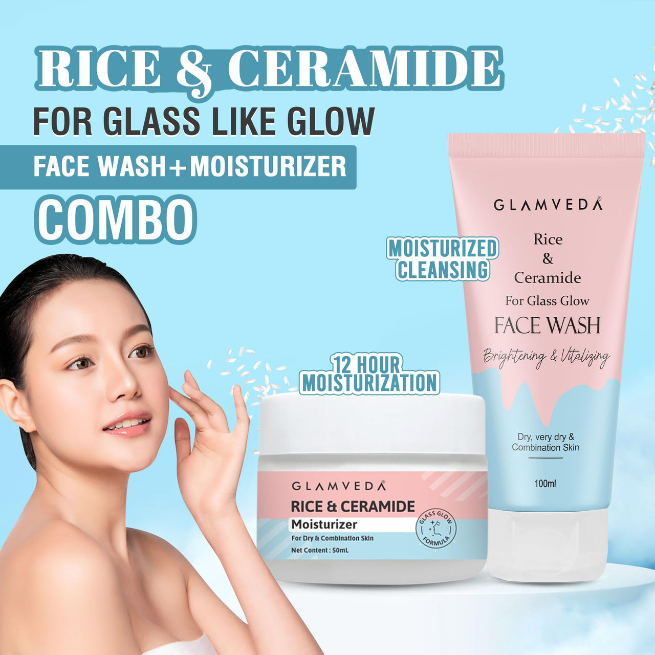Glamveda Korean Glass Skin Combo | Rice Face Wash & Rice Moisturizer | Skin Brightening, Hydrate, Glowing & Evens Skin Tone | For Dry & Sensitive Skin Types | Men & Women | Dermatologist Tested
