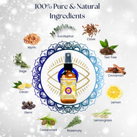 Deve herbes Protection Spray - Essential Oil Blend to ward off negative energies & evil eye with Cedarwood, Cinnamon, Citron, Clove, Elemi, Eucalyptus, Frankincense, Lemon, Lemongrass, Myrrh, Rosemary, Sage and Tea Tree 50ml