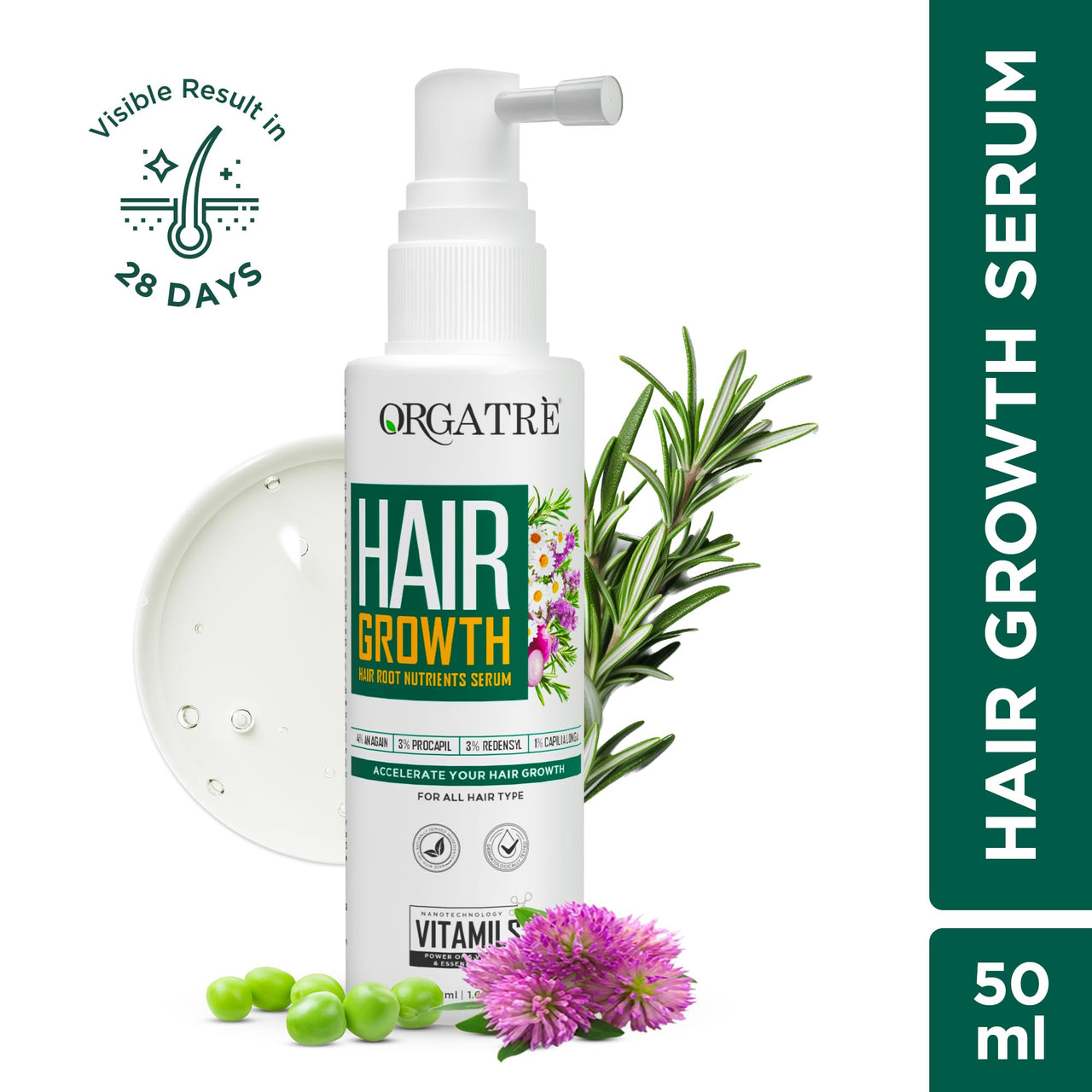 ORGATRE Hair Growth Serum for Scalp 50 ml - 3% Redensyl, 4% Anagain, 3% Procapil, 1% Capilia Longa, Castor & Rosemary Oil | For Hair Growth & Hair Fall Control Serum for Men & Women