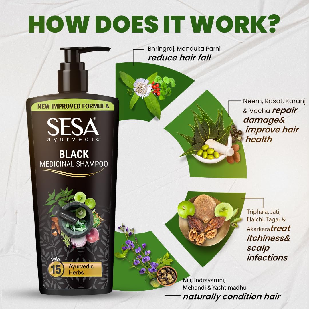 Sesa Ayurvedic Medicinal Shampoo Hairfall Control Anti Dandruff Shampoo Infused with 15 Ayurvedic Herbs Smooth & Shiny Hair For Men & Women (500 ml)