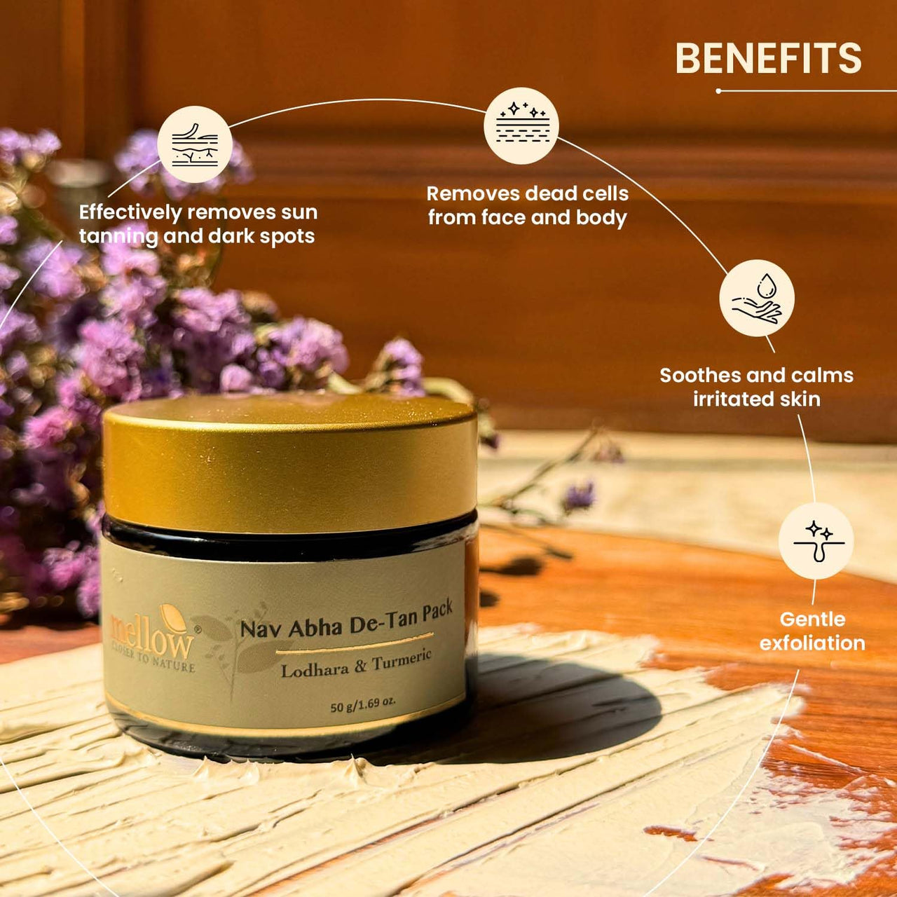 Mellow Herbals Nav-Abha Detan Face pack (50gm) with Almond Oil, Mulethi, Lodhara, Turmeric & Ghrta Laal Chandan | For Radiant, Even & Natural Looking Skin | Helps To Remove Sun Tan & Dark Spots | Ayush Certified | GMO, Paraben and Silicone Free