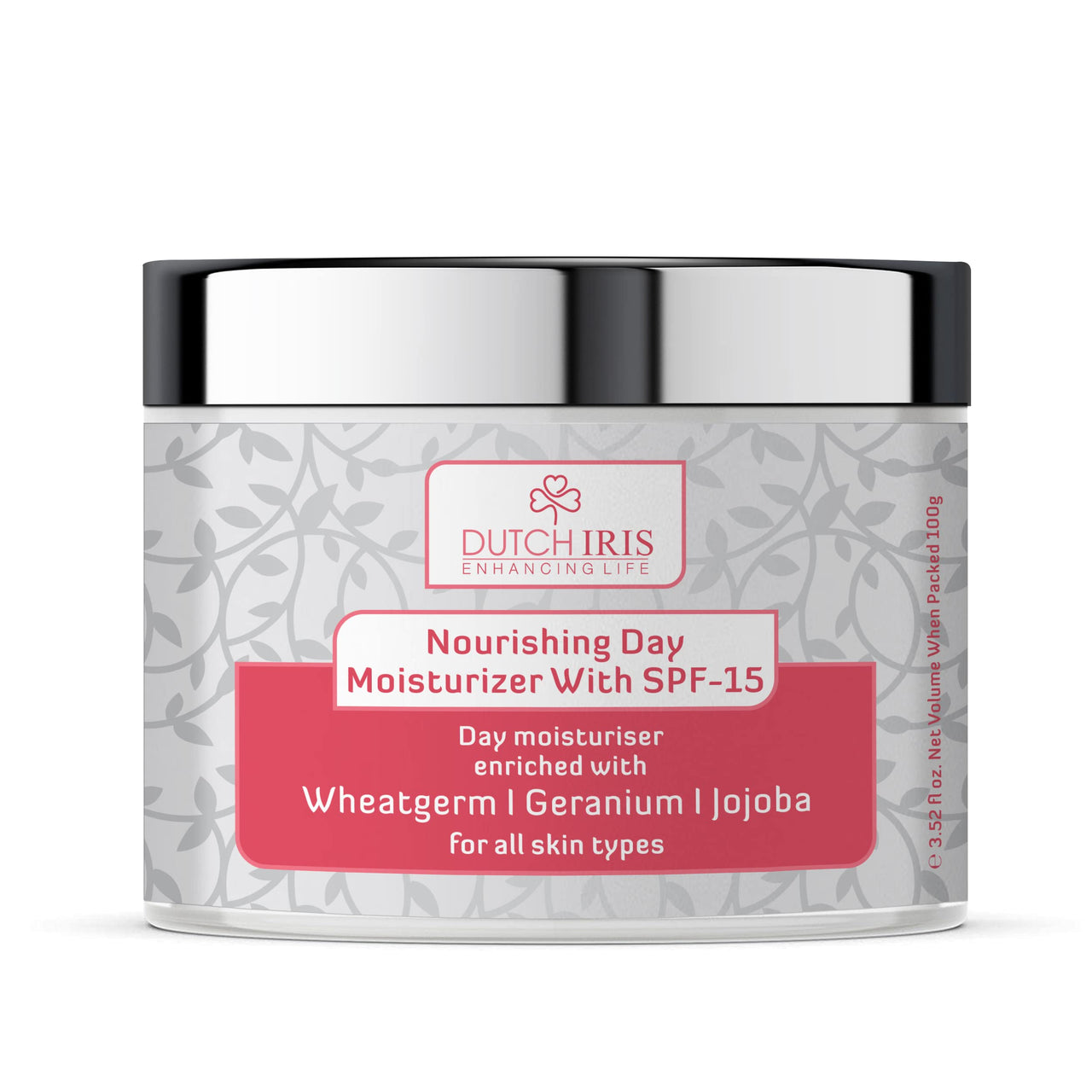Dutch Iris Nourishing Day Moisturiser with SPF-15 | Wheatgerm, Geranium & Jojoba Extracts | Broad Spectrum Protection | Lightweight & Non-Greasy | For All Skin Types | For Women & Men (Unisex) | 100gms