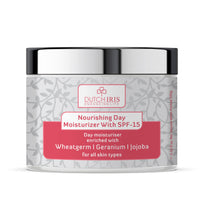 Dutch Iris Nourishing Day Moisturiser with SPF-15 | Wheatgerm, Geranium & Jojoba Extracts | Broad Spectrum Protection | Lightweight & Non-Greasy | For All Skin Types | For Women & Men (Unisex) | 100gms